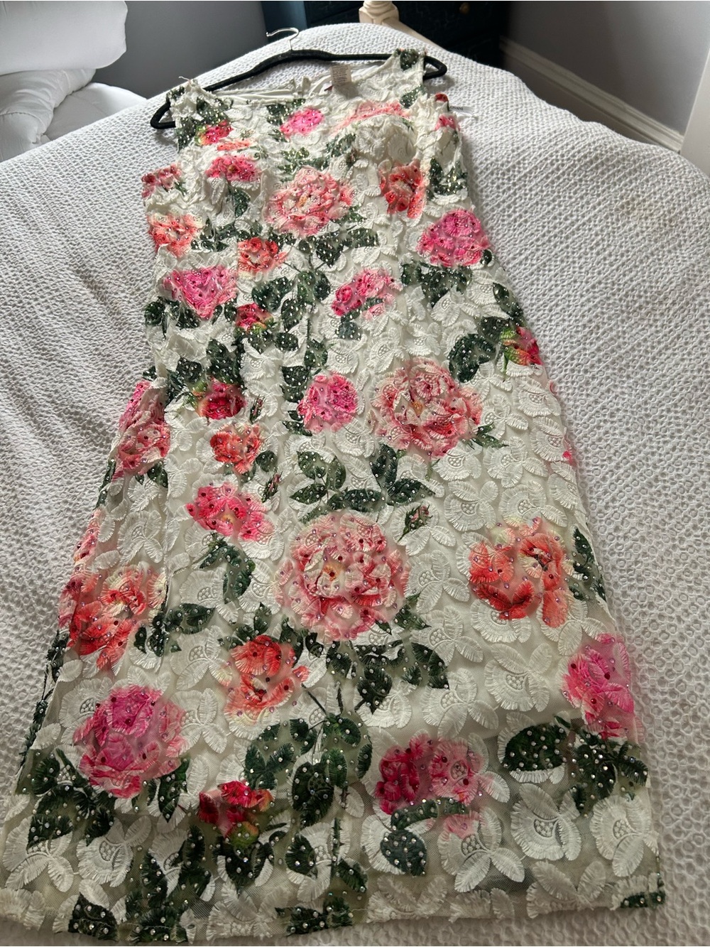 Jovani Ivory Lace Dress with Pink & Green Floral Embroidery - Picture 2 of 5